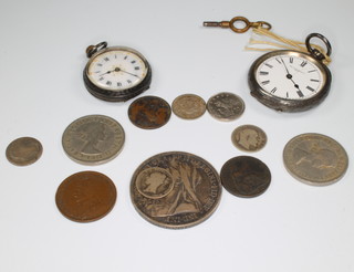 A lady's Edwardian silver fob watch with enamelled dial, 1 other and minor coins 
