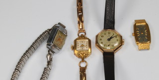 A lady's 9ct yellow gold wristwatch on a ditto bracelet 9 grams, 1 other gold wristwatch and 3 other watches  