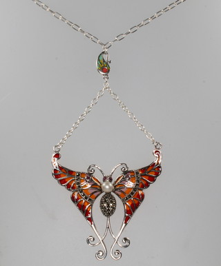 A Continental silver enamelled marcasite and pearl sut butterfly necklace 