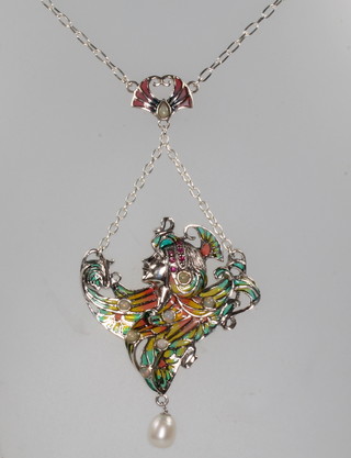 A Continental silver Art Nouveau style marcasite enamel pearl and opal set necklace 