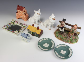 A ceramic group of 2 figures sitting on a bench with a dog at their feet 15cm, minor decorative china