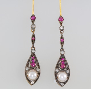 A pair of Edwardian style yellow gold diamond, pearls and ruby earrings 