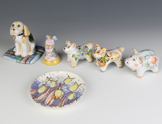 A Russian ceramic whistle in the form of a dog, 5 other ceramics figures