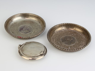 A silver engine turned compact Birmingham 1914 and 2 silver coin set dishes 