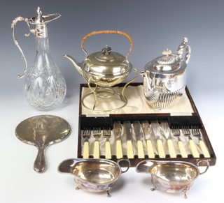 A silver plated mounted ewer and minor plated items