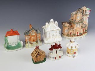 A Victorian porcelain cottage pastel burner 9cm, 2 others and 3 porcelain buildings 