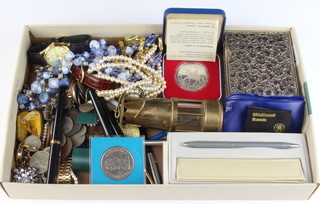 A collection of minor Victorian and later costume jewellery, watches and coins 