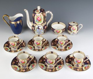 A Crown Staffordshire coffee set comprising coffee pot, cream jug, sugar bowl, 6 cans and 6 saucers decorated in the Imari pattern together with a Royal Worcester blue ground jug 
