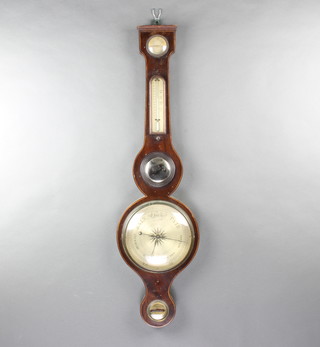 Morganti of Brighton, an 18th/19th Century wheel barometer and thermometer with damp/dry indicator, thermometer and mirror, the base with spirit level marked Morganti Brighton, contained in an inlaid mahogany wheel case 