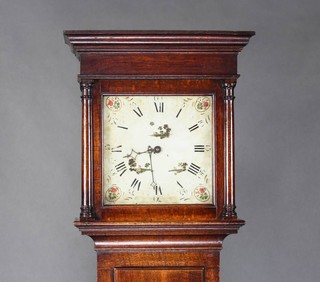 An 18th Century 30 hour longcase clock with 28cm square painted dial with floral spandrels, contained in an oak case complete with pendulum and weight 199cm h 