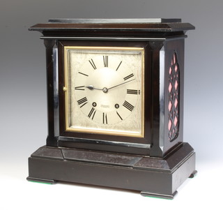 G E Frodsum of 31 London Street, a striking bracket clock with silvered and Roman numerals contained in an ebony case, the back plate marked AP12493 