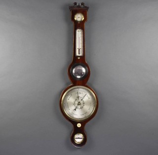 A 19th Century mercury wheel barometer and thermometer with damp/dry indicator and convexed mirror, silvered dial and spirit level contained in a inlaid rosewood case 