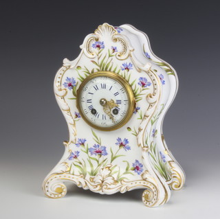 A French 19th Century striking mantel clock with enamelled dial and Roman numerals contained in a shaped floral porcelain case, the back plate marked L.F.