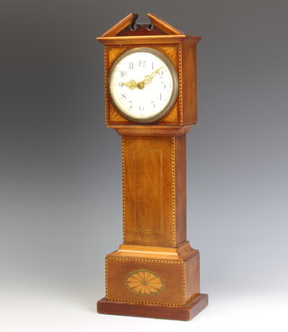 An Edwardian miniature longcase timepiece with enamelled dial and Roman numerals, contained in an inlaid mahogany case 40cm h x 12cm w x 9cm d