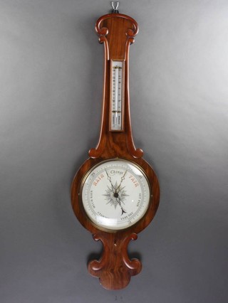 A 19th Century mercury wheel barometer and thermometer with enamelled dial, contained in a rosewood wheel shaped case 