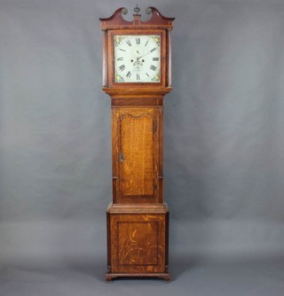 Joshua Peacock of Macclesfield, an 18th Century 8 day longcase, the 30 cm square painted dial decorated with fruit  spandrels, having a minute indicator and calendar aperture, contained in an inlaid oak case, raised on bracket feet 218cm h