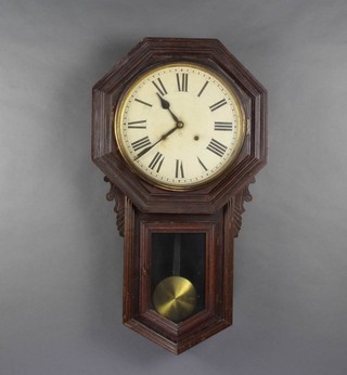 An Ansonia 8 day wall clock with 29cm painted dial with Roman numerals, contained in a pine case