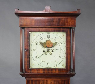 An 18th Century 8 day longcase clock, the 36cm square painted dial with phases of the moon, calendar aperture, contained in an inlaid mahogany case 206cm h