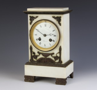 A 19th Century French 8 day striking mantel clock with enamelled dial and Roman numerals contained in a white marble and gilt metal mounted case, the dial marked Paris
