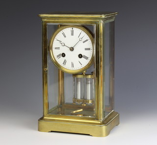 Richard & Cie, a 19th Century 4 glass striking mantel clock with enamelled dial and Roman numerals, having a twin mercurial pendulum and striking on a bell, the back plate marked R&C Paris and London 327