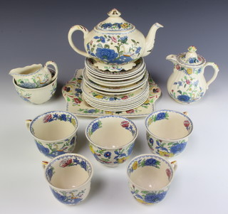 A Masons Ironstone Regency pattern tea set comprising teapot, hotwater jug, milk jug, sugar bowl, 3 large tea cups, 3 small tea cups, 6 small saucers, 3 large saucers, 6 sandwich plates and a cake plate 
