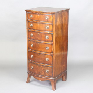 A Georgian style mahogany bow front chest of 6 long drawers, raised on splayed bracket feet 110cm h x 48cm w x 44cm d 