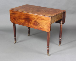 A Victorian mahogany Pembroke table fitted 2 drawers raised on turned supports, brass caps and castors 72cm h x 91cm w x 50cm when closed x 101cm when open 
