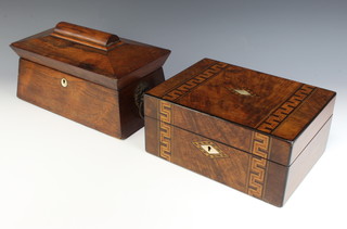 A Victorian rosewood tea caddy of sarcophagus form with hinged lid and brass lion ring handles 14cm h x 34cm w x 18cm d, together with a Victorian inlaid figured walnut trinket box with hinged lid 13cm h x 29cm w x 22cm d 