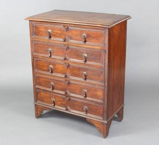 A Victorian Jacobean style chest of 5 long drawers with geometric mouldings and pear drop handles, raised on bracket feet 93cm h x 66cm w x 37cm d 
