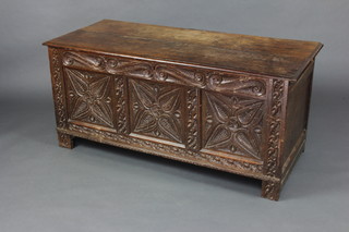 An 18th/19th Century carved oak coffer of panelled construction with hinged lid, the interior fitted a candle box 61cm h x 132cm w x 56cm d 