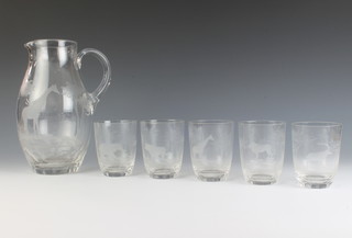 A suite of Rowland Ward glassware comprising water jug and 5 beakers decorated with African animals 