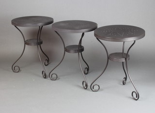 3 circular pressed metal 2 tier cafe style tables 65cm h x 49cm diam. 