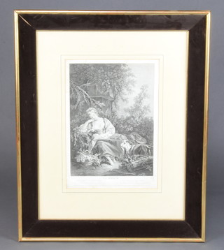 Boucher, a monochrome print "La Reveuse" 44cm x 21cm (slight water damage and tear) together with After Hogarth, a monochrome print, study of a knight, contained in a decorative gilt frame 58cm x 45cm (slight tear to top right hand corner) 