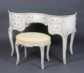 A Louis style kidney shaped dressing table with bevelled plate mirrored top fitted 1 long and 4 short drawers on cabriole supports, together with a matching stool 77cm h x 113cm w x 51cm d 
