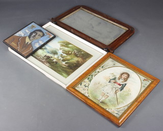 Impressionist gouache head and shoulders portrait of a gentleman "The Integration of The Personality"  14cm x 28cm, a Victorian coloured print of a girl gardener 44cm x 40cm contained in a maple frame, a gouache study of a rural landscape with horses 33cm x 53cm and a Victorian arch shaped plate over mantel mirror in a mahogany frame 48cm x 67cm 