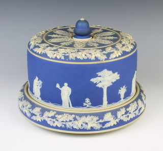 A 19th Century blue Jasperware cheese dome and stand decorated with classical figures and having an acorn finial 19cm 
