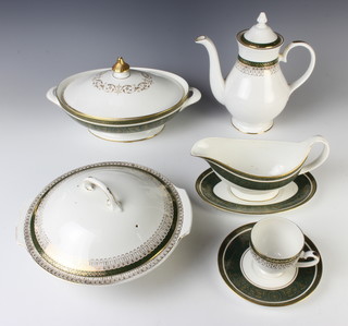 A Royal Doulton Vanborough part dinner service comprising 12 saucers, one 2 handled bowl, 7 dessert bowls, 9 side plates, 10 medium plates, 11 dinner plates, 1 meat plate, 2 tureens and covers, a sauce boat and stand, a stand together with a Royal Grafton Majestic part tea and coffee service with 3 coffee cups, 3 tea cups, 3 coffee saucers, 3 tea saucers, tea pot, coffee pot, cream jug, sauce boat and stand, an oval meat plate and a tureen with lid 