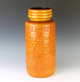 A 1960's German tan glazed cylindrical vase with geometric motifs 47cm 