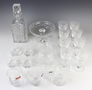 Four Stuart Crystal tumblers, a Royal  Brierley tazza, a square spirit decanter and stopper, 8 Royal Brierley wine glasses, 2 tumblers, a jug and 2 brandy glasses
