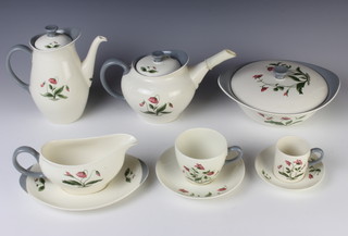 A Wedgwood Mayfield part tea coffee and dinner service, comprising 5 coffee cans, 6 saucers, 12 tea cups (2 damaged), 12 saucers, 6 dessert bowls (2 a/f), 7 side plates, 7 medium plates, 5 dinner plates, 2 meat plates, 5 tureens and covers (2 tureens a/f), sauce boat and stand (boat a/f), teapot (a/f), milk jug (a/f), sugar bowl (a/f), 4 piece condiment and coffee pot 
 
