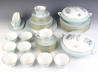 A Royal Worcester Woodland pattern service comprising 10 tea cups, 10 saucers,10 small plates, 10 medium plates, 10 large plates, 2 tureens and covers, sauceboat and stand,a meat plate and 2 pickle dishes