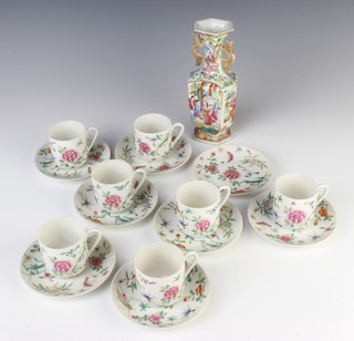 A 19th century famille rose hexagonal vase decorated with figures and flowers 15cm 7 famille rose tea cups and 8 saucers decorated with insects and flowers