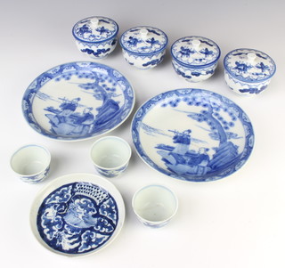 Four Japanese cups and lids decorated with figures 8cm, a blue and white dish 14cm and 3 tea bowls 4cm, 2 plates decorated with figures 21cm 