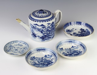 An 18th Century Chinese blue and white teapot and lid decorated with an extensive landscape with entwined handle 14cm, a blue and white shallow bowl 16cm, 2 others with landscape decoration 14cm and a saucer 12cm 