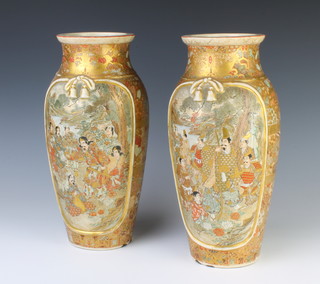 A pair of Meiji period Satsuma oviform vases decorated with panels of figures in extensive landscapes 31cm 