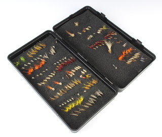 A Hardy's black plastic fly box, containing approx 100 flies