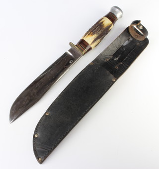 A J Nowil & Sons Sheffield, a bowie style hunting knife with 18 cm blade, horn grip and leather scabbard 