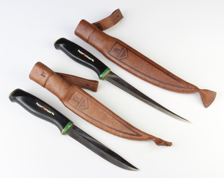 Normark, a Norwegian filleting knife, the 16cm blade marked Fiskars Finland, complete with leather scabbard together with a ditto gutting knife with 12cm blade and leather scabbard