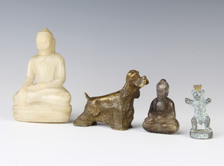 A bronze figure of a standing dog 6cm, a German metal figure of a standing bear marked Berlin 5cm, 2 carved soap stone figures of seated Buddhas 10cm and 5cm 