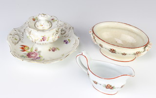 A Victorian porcelain inkstand decorated spring flowers, a miniature sauce boat and oval tureen 
